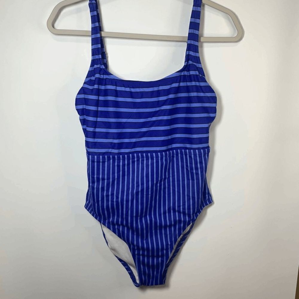 ECO Beach One Piece Blue Black Striped Swim Suit Size Medium